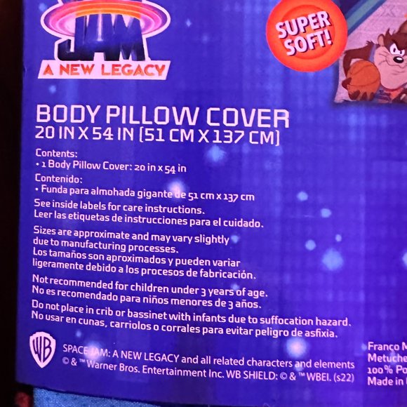 Space Jam Body Pillow Case New in Package - Full Body 20in X 54 IN - Loony tunes - Picture 3 of 5